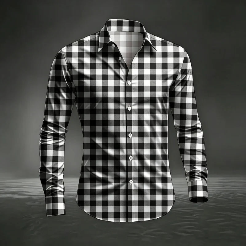 2026 Men's New Classic Plaid Shirt with Plaid Printing, Slim Fit Collar Long Sleeve Shirt, Men's Top, Comfortable Fabric XS-6XL