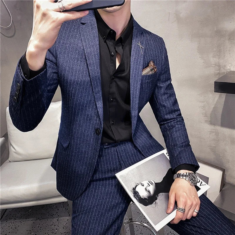 ( Blazer + Pants ) High-end Brand Formal Business Plaid Mens Suit Groom Wedding Dress Solid Color Stage Performance Tuxedo S-7XL SHOWLU FASHION STORE