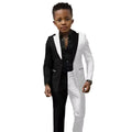 Black and white spliced boys' wedding suit with jacket and pants, slim fit tuxedo for ages 2T-16T, perfect for Easter or prom.