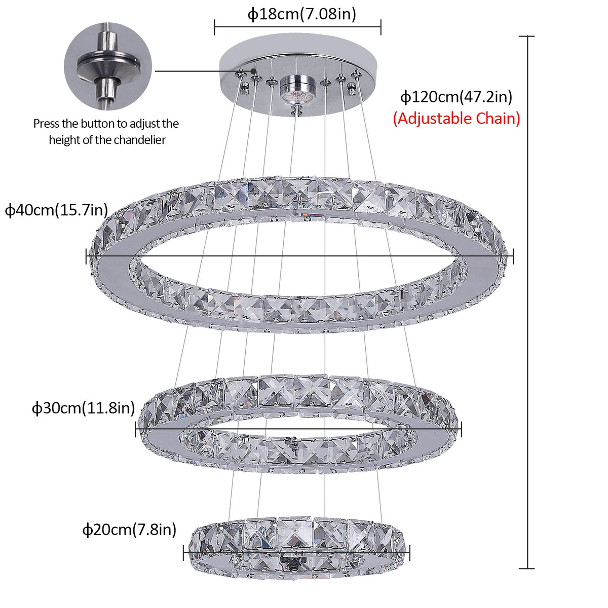 A three-tiered circular crystal LED chandelier with adjustable hanging cables.
