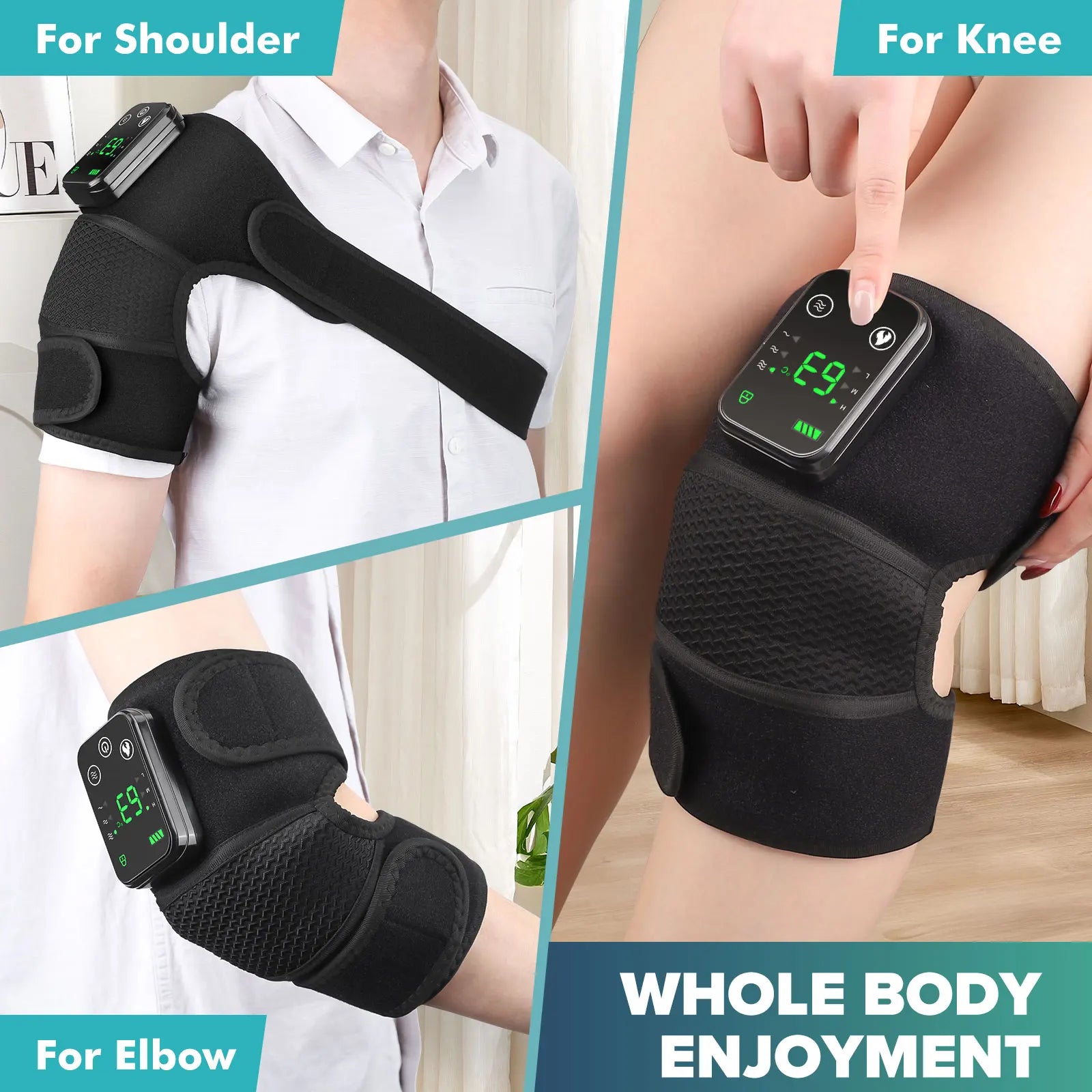 Showlu Electric Heating Knee Massager with vibration for joint relief, featuring adjustable straps and ergonomic design.
