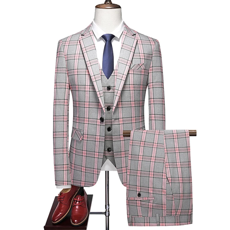 Men's High-End Plaid Three-Piece Suit Set European American Fashion Wedding Business Style Vest Trousers Included
