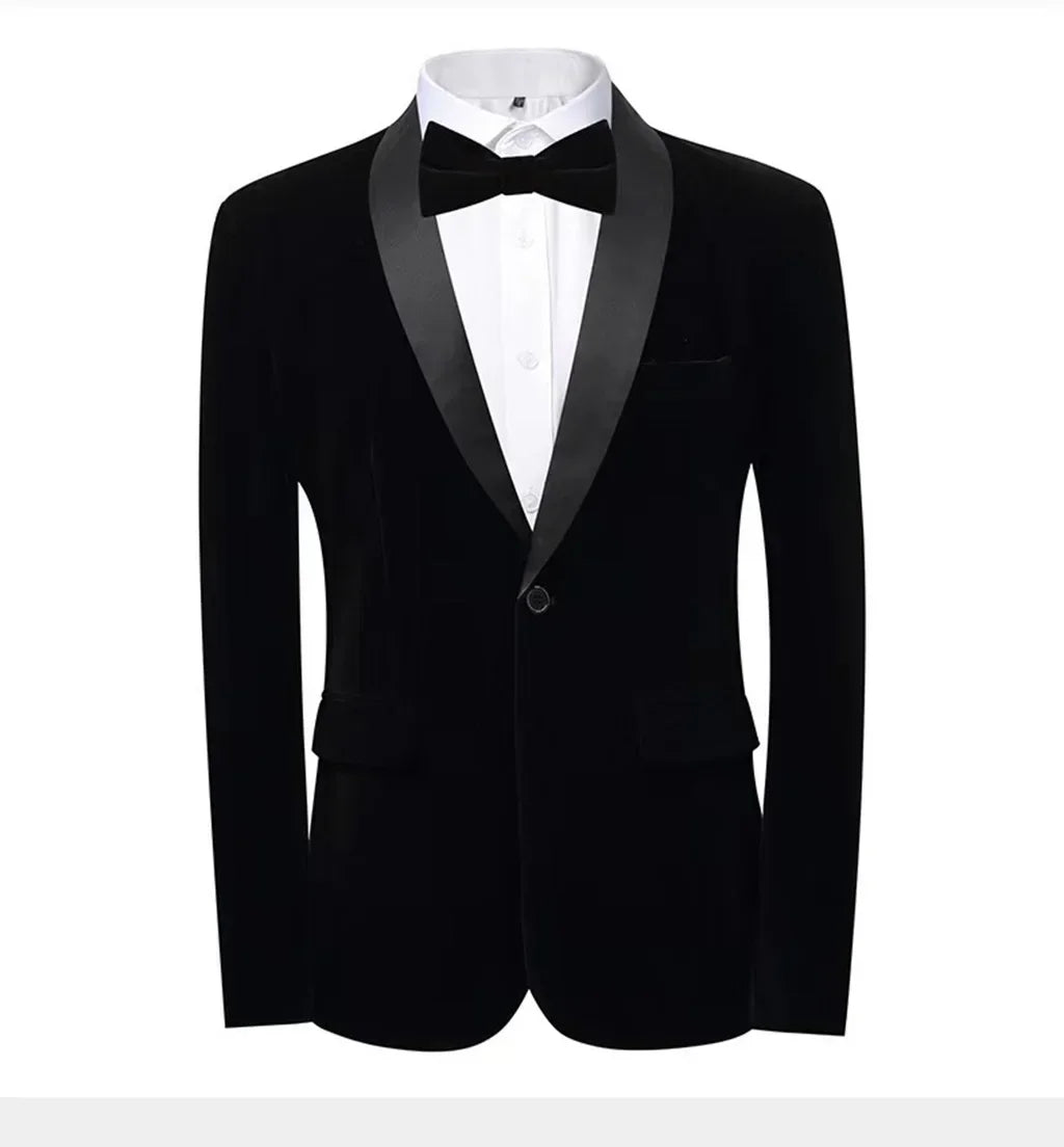Men's velvet slim fit tuxedo from Showlu Fashion, 2-piece suit set featuring a stylish black jacket and matching trousers.