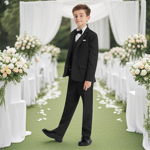 A&J DESIGN boys formal suit set with black tuxedo blazer and matching pants, perfect for kids' weddings or special occasions.