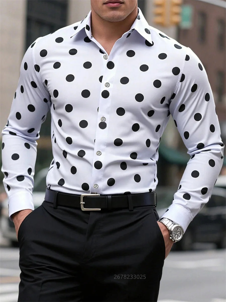 Men's long sleeve casual shirt with spotted lapel, button front, breathable fabric, suitable for outdoor and everyday wear.