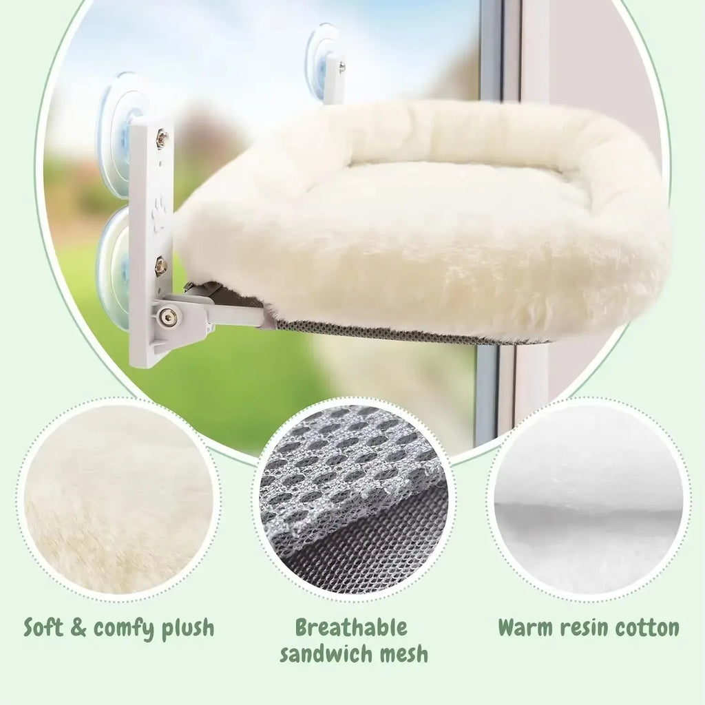 Showlu Plush Cat Window Hammock with suction cups, cozy sunbathing hanging bed for cats to relax and enjoy sunlight.
