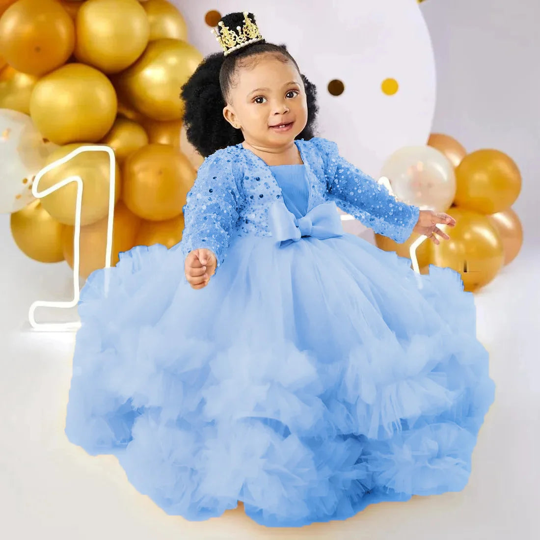Baby girl flower girl dress by Showlu Fashion Store with sequins, full sleeves, floor length, ideal for weddings and photoshoots.