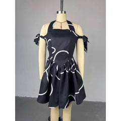 Summer Women Bowknot Shoulder Halter Neck Geometric Striped Big Swing Dress Streetwear Night Club Party Dresses Vestidos 2025