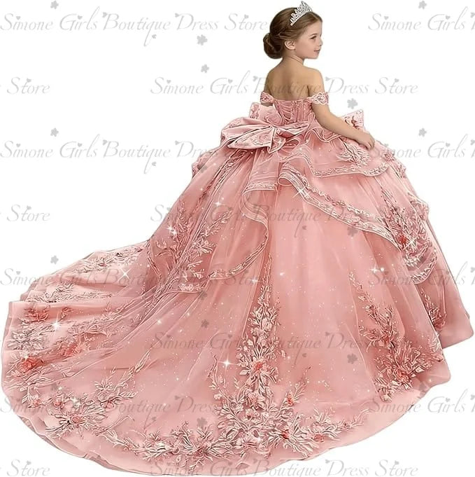 Princess Off Shoulder Flower Girl Dress for Wedding Kids Lace Appliqued Tulle Pageant Dress Customized Birthday Party Ball Gown