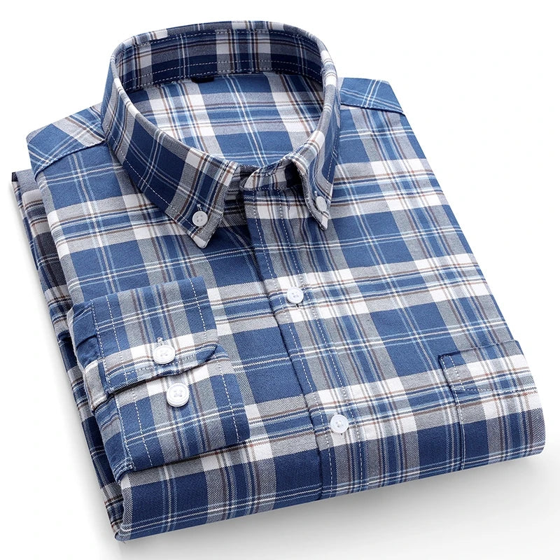 Long sleeve men's plaid cotton oxford shirt in 6XL or 7XL, soft regular fit formal dress shirt for men, stylish social blouse