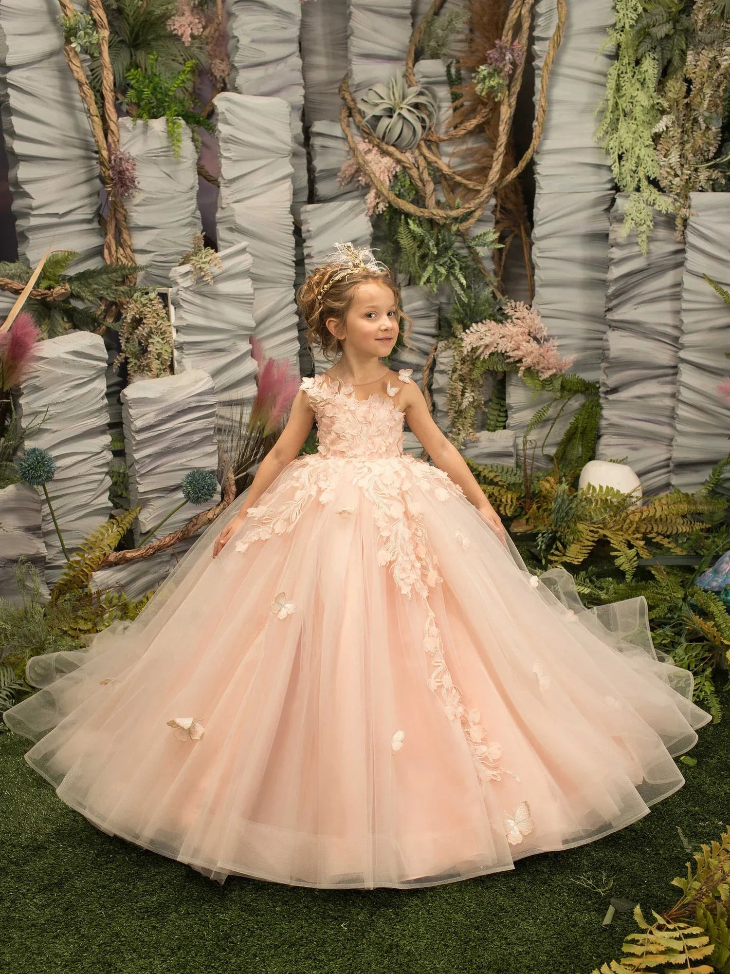 Showlu girls' floral tulle ball gown with one shoulder design and butterfly embellishments, perfect for pageant or special occasions.