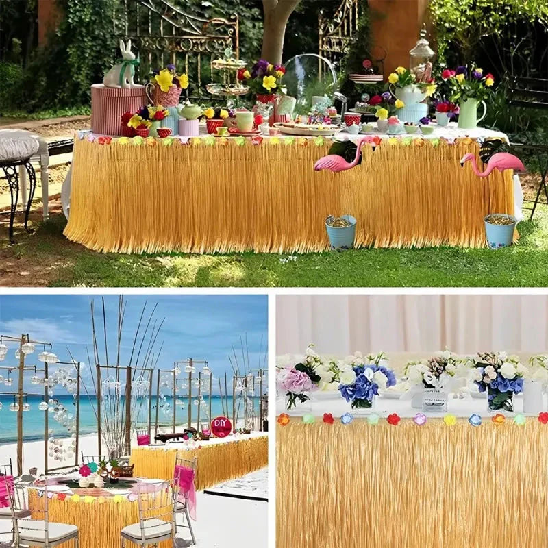 Hawaiian grass table skirt from Showlu Fashion Store, tropical-themed party decor with lush green grass strands for festive table coverage