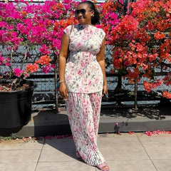 2 Piece Sets Women Outfit Elegant Pleated Sleevelss Slim Top and Wide Leg Pants Set Chic Womens Clothing