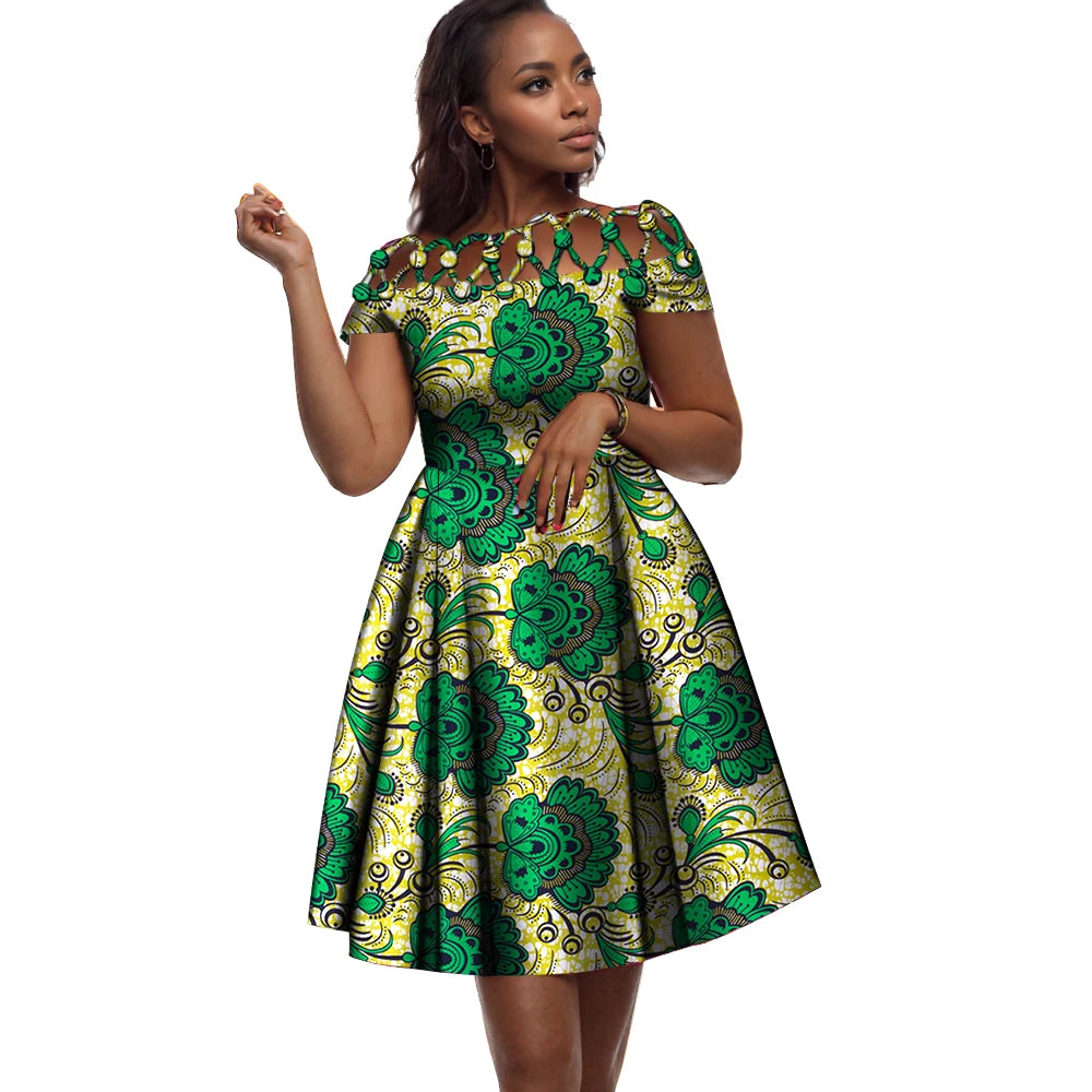 BintaRealWax African Dresses for Women Cotton Rope Weaving Collar African Print Wax Clothing Knee-Length Lady Dress WY335