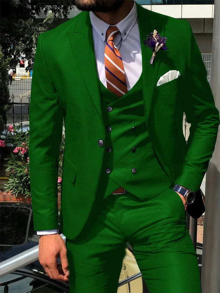 Dark blue SHOWLU men's 3-piece slim fit suit with cotton tuxedo style, perfect for weddings and formal occasions.
