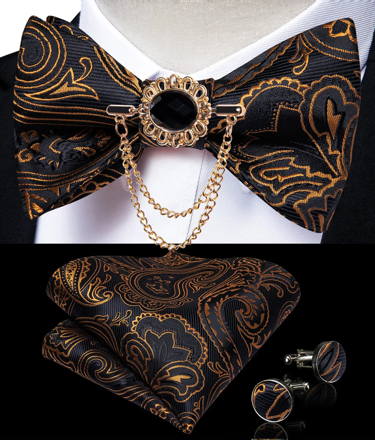Pink plaid silk self-tie bow tie set with brooch and handkerchief, featuring elegant design and fine craftsmanship.