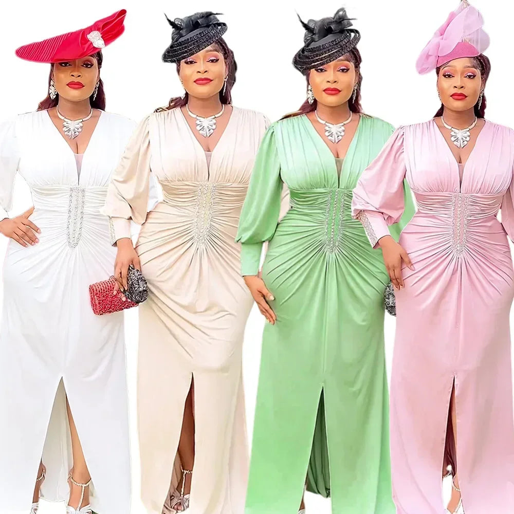 Elegant African party dress for women, plus size satin maxi gown with Ankara dashiki design, suitable for weddings and special occasions.