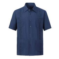 2025 New Summer Men's Guayabera Shirts Four Pockets Embroidered Short Sleeve Shirts for Men Blue Mexican Cuban Button Shirt