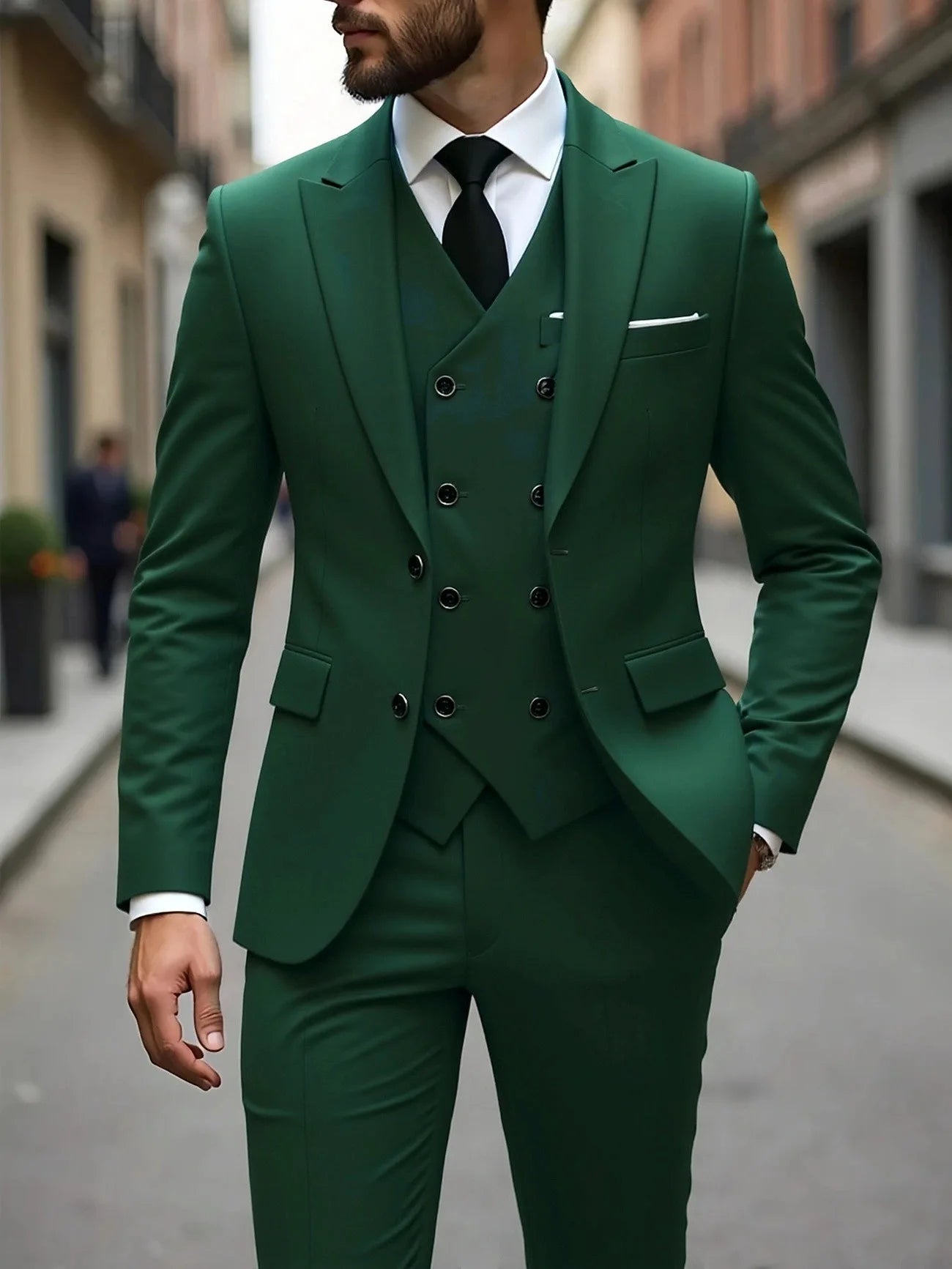 Classic men's wedding tuxedo suit with slim fit jacket, vest, and pants, ideal for grooms and formal occasions.