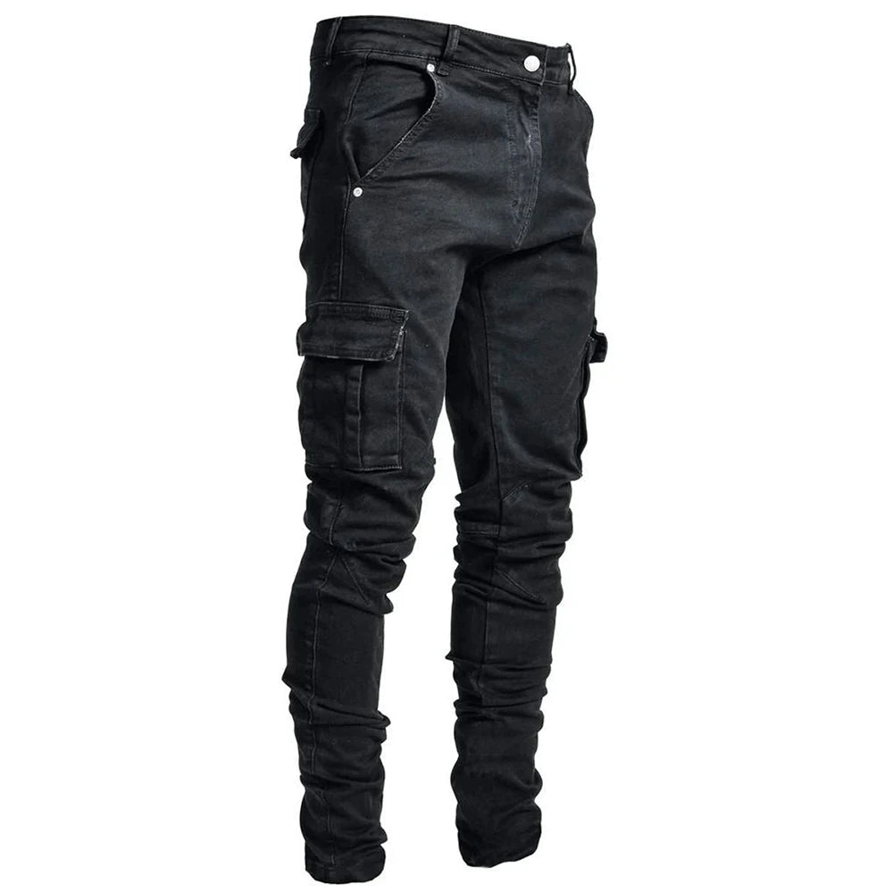 Men's street elastic denim cargo jeans with multi pockets, slim fit, mid waist, casual joggers in solid color.