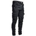 Men's street elastic denim cargo jeans with multi pockets, slim fit, mid waist, casual joggers in solid color.