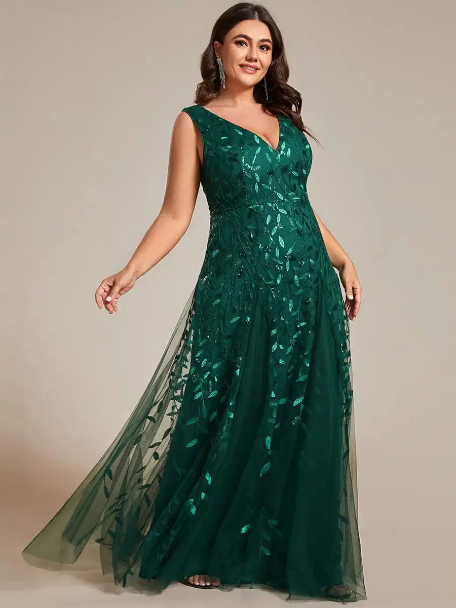 Dark green plus size sequin evening dress with V-neck and A-line silhouette by SHOWLU FASHION STORE