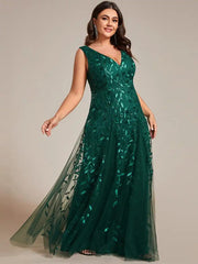 Plus Size Evening Dresses Deep V-neck Sparkling Sleeveless Leaf 2024 Ever Pretty of Sequin A-Line Dark Green Bridesmaid dress SHOWLU FASHION STORE