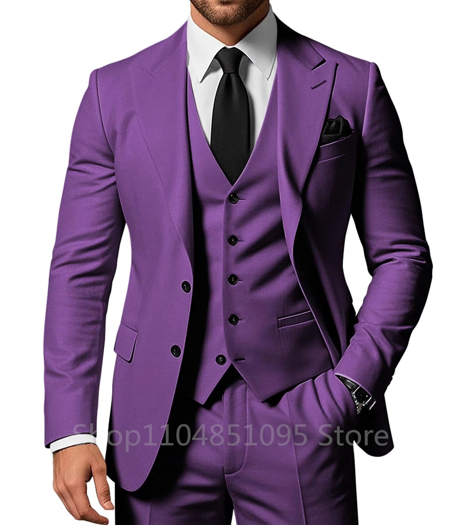 Three-piece solid wedding men's suit set with peak lapel jacket, pants, and vest, stylish formal tuxedos for groom or prom.