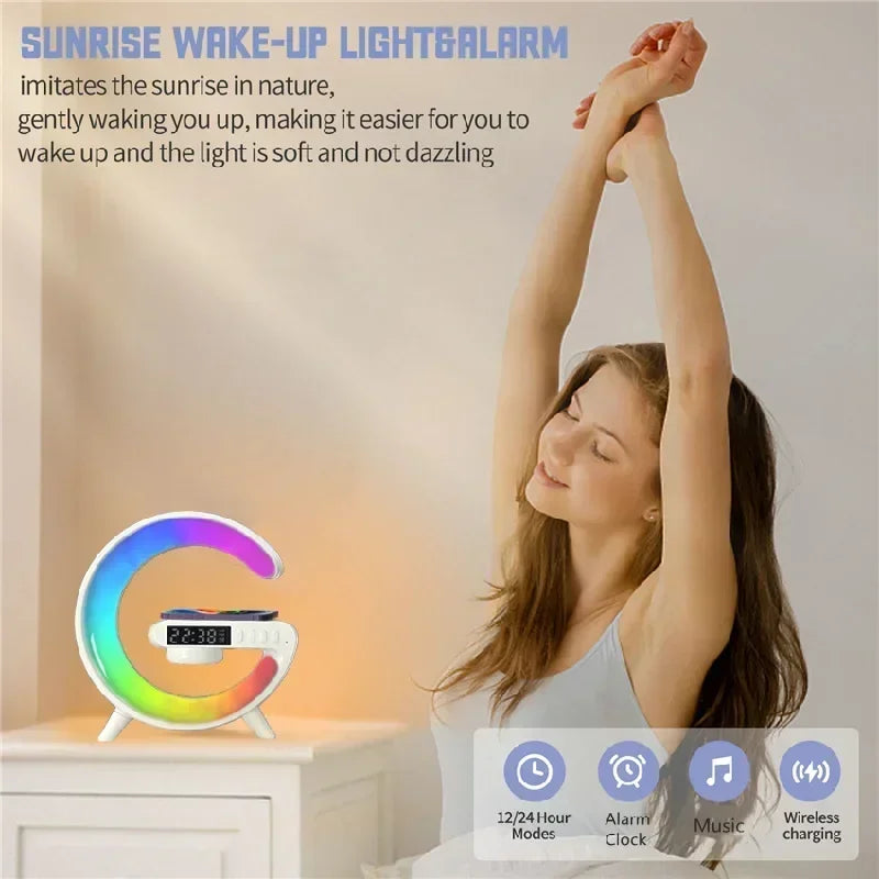Showlu 15W fast wireless charging pad and mini Bluetooth speaker lamp showing a sleek, modern design with charging and speaker functions.