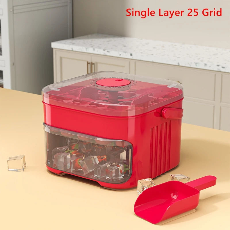 Showlu Smart Mini Portable Ice Cube Machine with 50-grid plastic ice box, compact and convenient for on-the-go ice making.