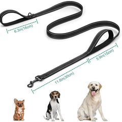 A black nylon dog leash with two handles and reflective stitching, shown with three dog breeds.