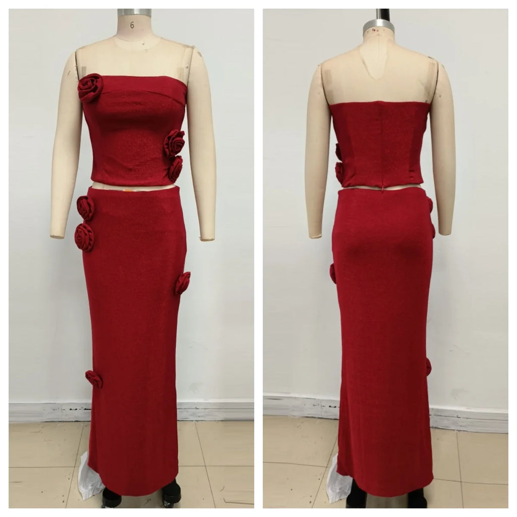 Red strapless corset top and matching maxi skirt two-piece set by Partiee Baleger, stylish and elegant women's outfit.