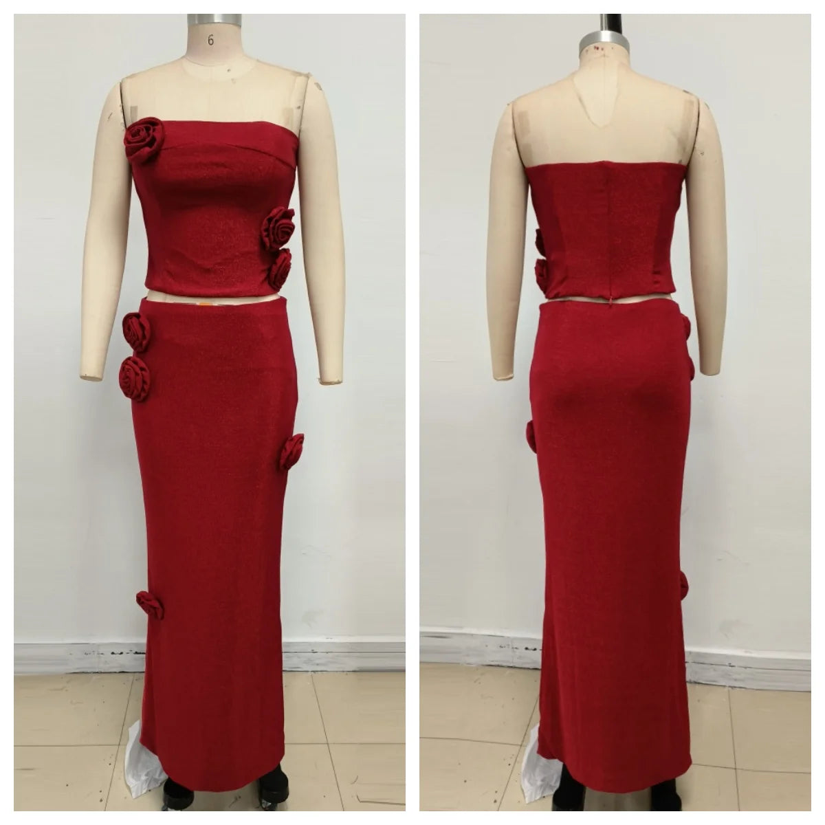 Red strapless corset top and matching maxi skirt two-piece set by Partiee Baleger, stylish and elegant women's outfit.