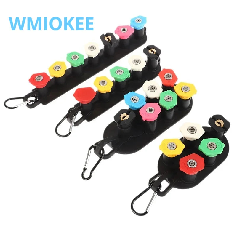 Set of seven Showlu Fashion Store pressure washer nozzles with different spray tips for outdoor cleaning and power washing tasks.