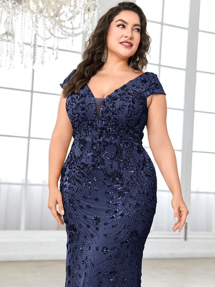Lucyinlove Plus Size Elegant Blue Evening Dress For Women 2024 Luxury Long Mermaid Formal Sequins V-neck Prom Wedding Party Gown SHOWLU FASHION STORE