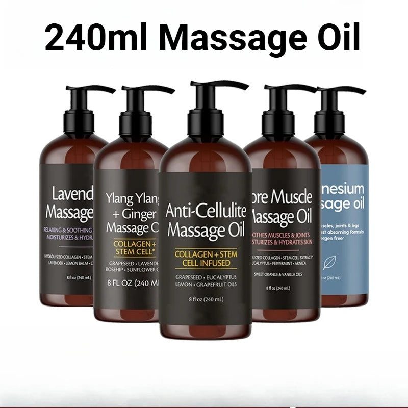 Showlu Collagen Skin Firming Body Massage Oil in a 240ml bottle, with a natural, soothing appearance and calming packaging.