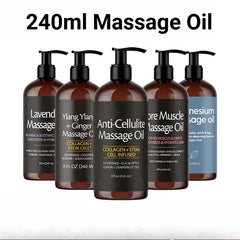 Five amber bottles of massage oil with black pump dispensers arranged in a row.