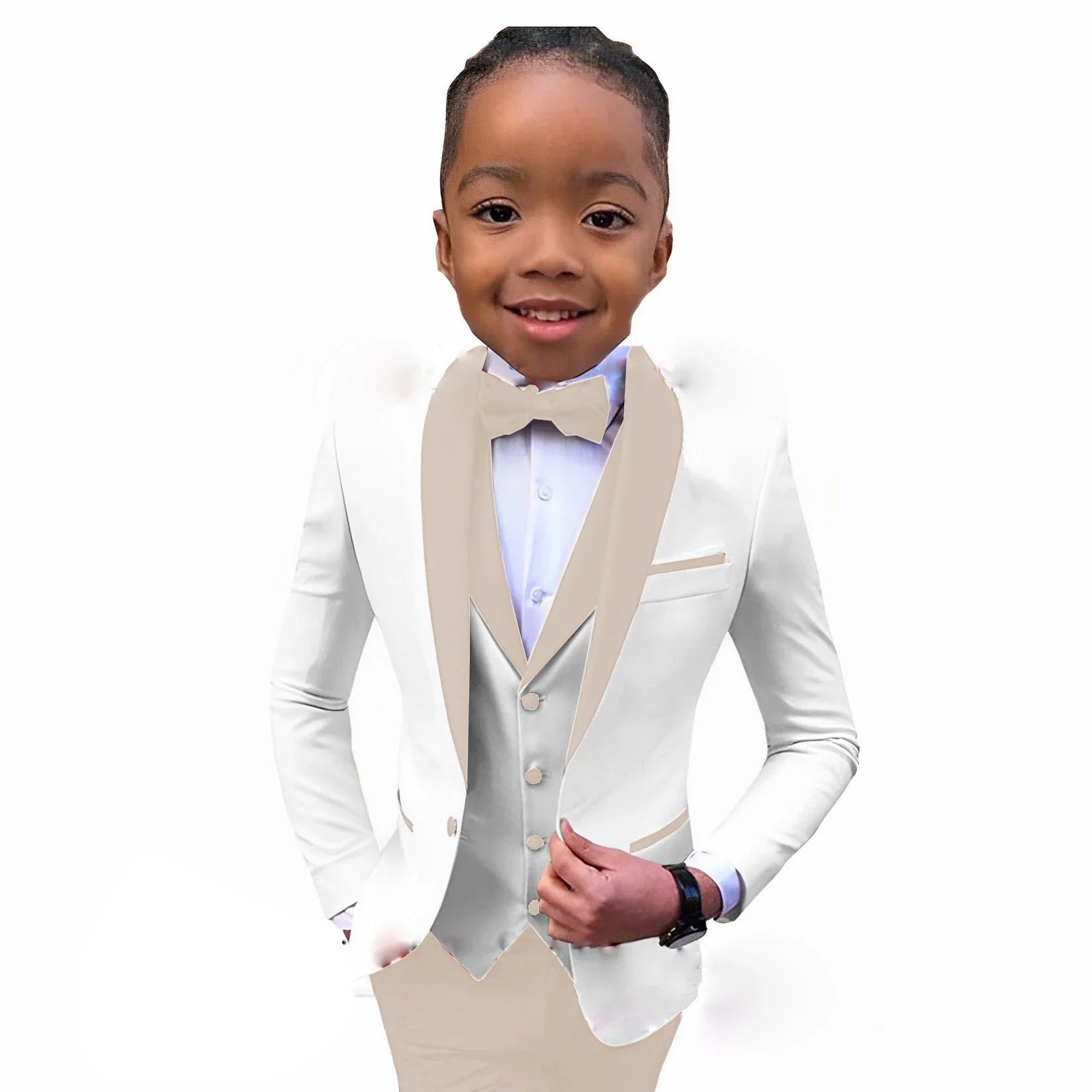 Boy's white suit with royal blue collar, three-piece tuxedo for kids, formal wedding or party attire, ages 2 to 16.