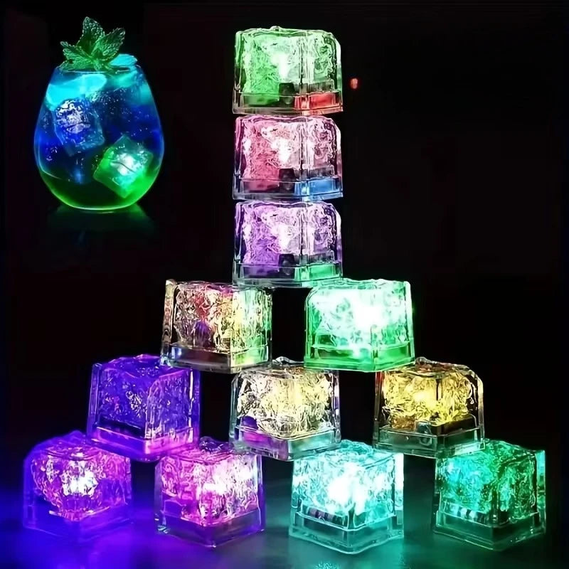 Set of 6 waterproof LED glowing ice cube lights from Showlu Smart General, liquid sensor drink mood cubes for party ambiance.