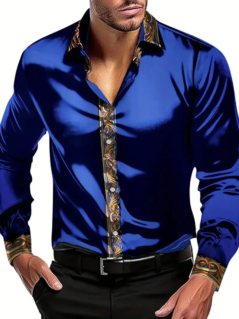 Men's leopard print button-up shirt with baroque chain pattern, long sleeves, casual and party-ready style by Showlu Fashion.