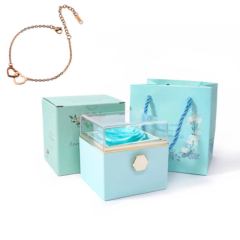 SHOWLU FASHION double heart steel bracelet with eternal rose box, featuring intertwined heart charms and elegant packaging.
