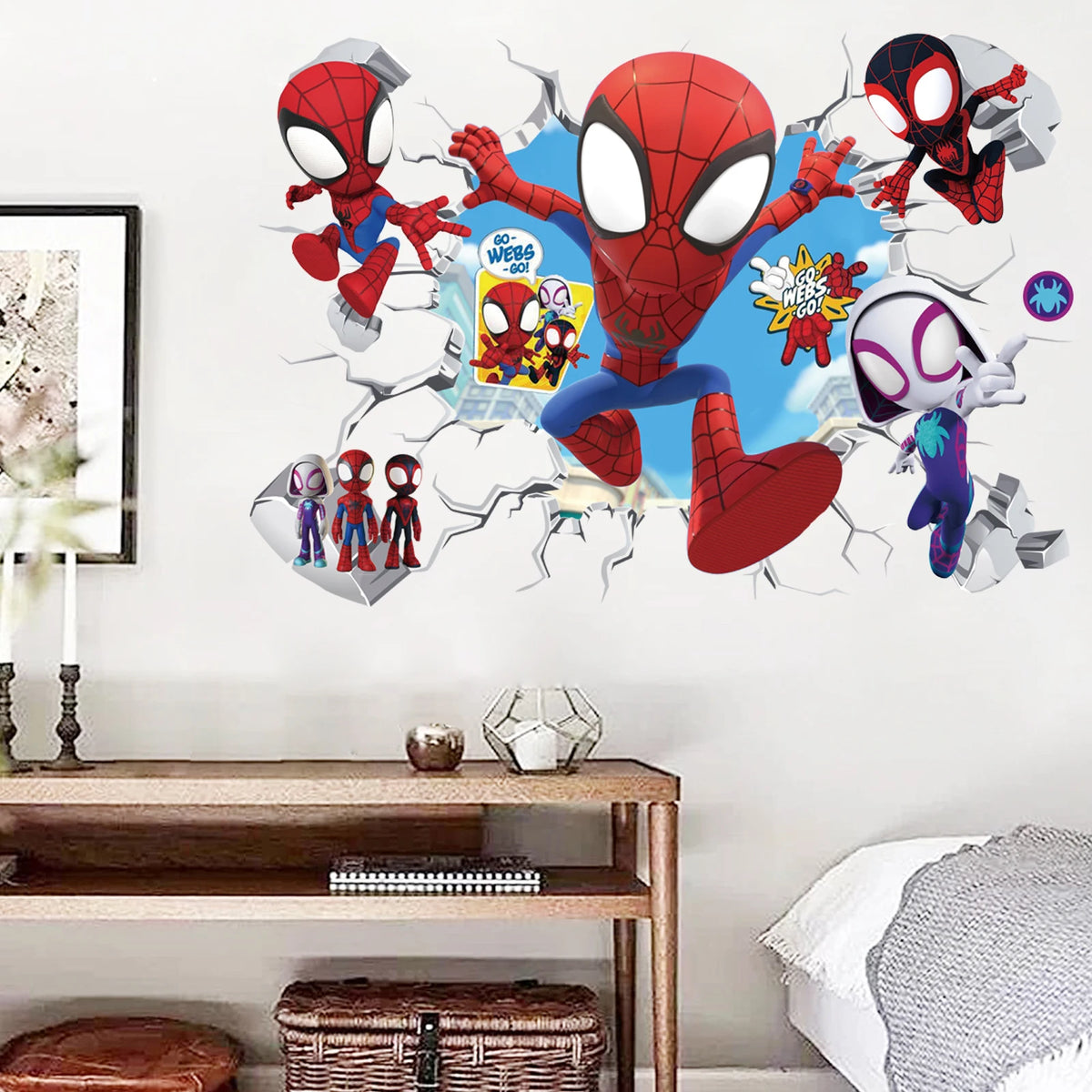 Cute mini Spiderman superhero wall stickers for kids room decor, featuring cartoon Spiderman mural art on PVC decals.