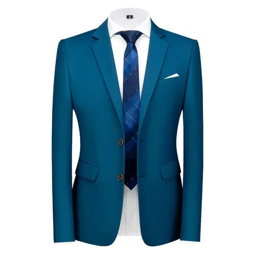 Men's slim fit 16-color suit jacket by Showlu Fashion, formal business blazer with casual style in various sizes.