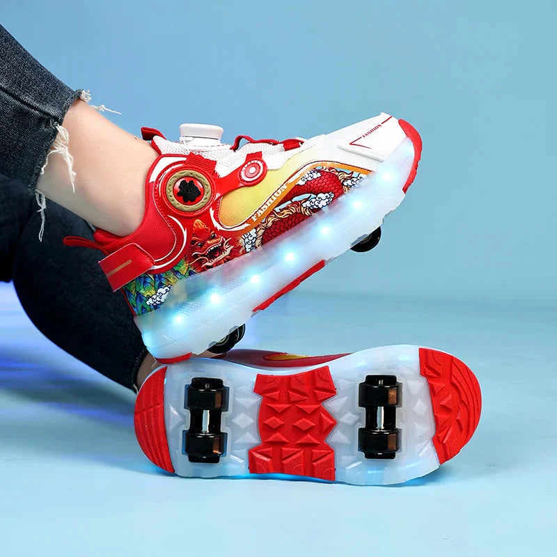Kids LED roller skate shoes by Showlu Fashion Store with luminous lights and USB charging, featuring colorful LED light displays.