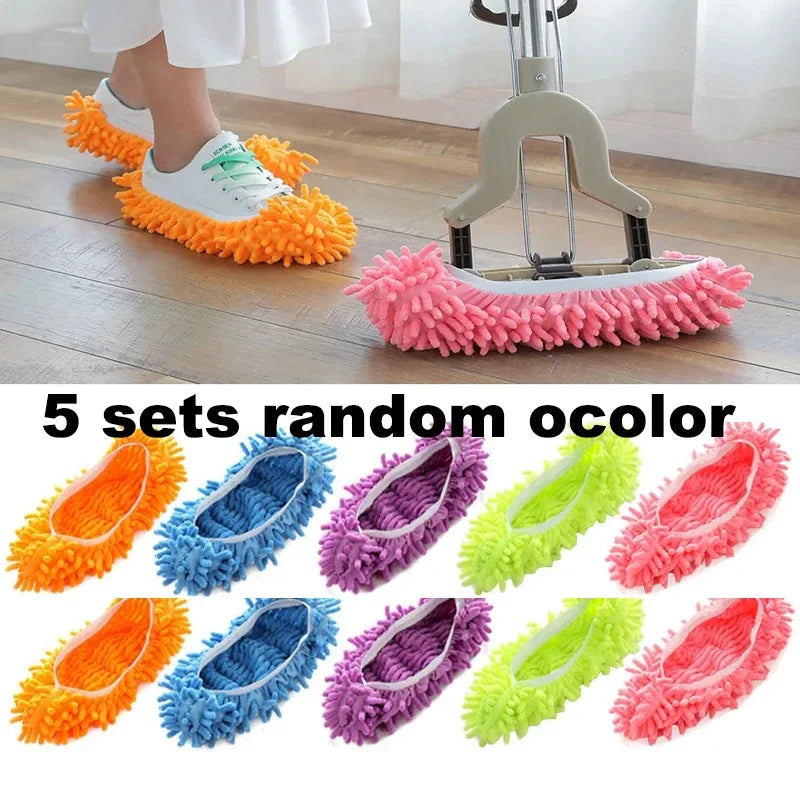 Microfiber floor dust cleaning slippers from Showlu Fashion Store, five sets of reusable, comfortable slippers for effective dust removal.