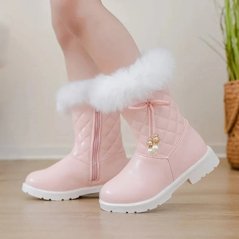 Girls winter snow boots by JGSHOWKITO featuring mid-calf length, PU leather material, and decorative bow design for warmth and style.