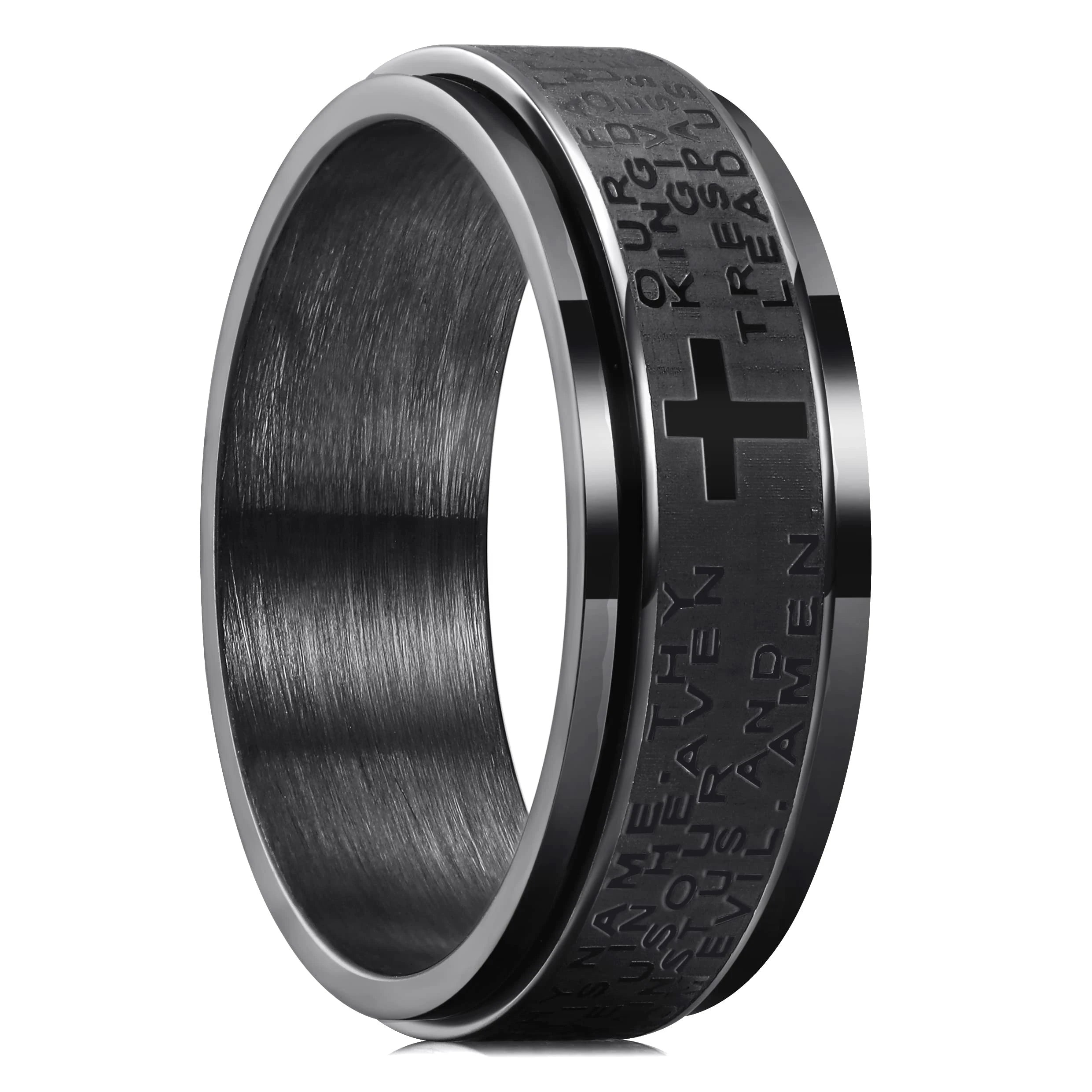 Showlu stainless steel Christian cross spinner anxiety ring for men and women, featuring a sleek, polished design.