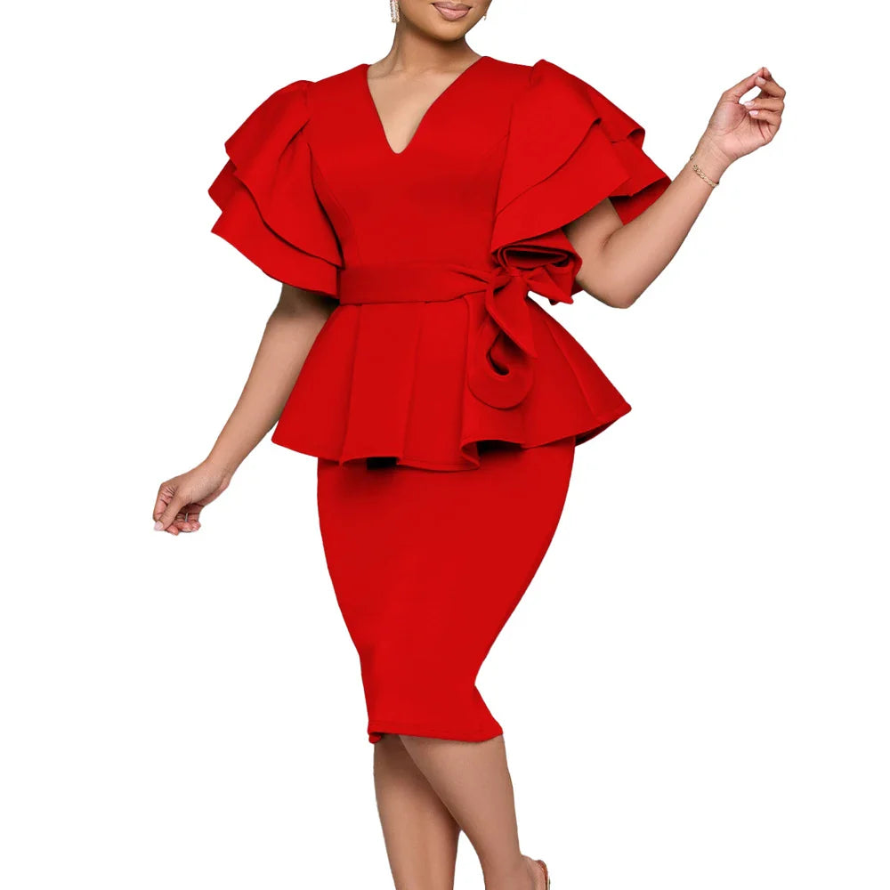 Women's V-neck ruffle sleeve peplum midi dress by SHOWLU FASHION with bodycon fit and stylish design, shown in a sleek silhouette.