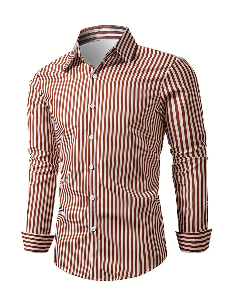 Men's long sleeve shirt with square stripe 3D print, autumn casual button-down animal pattern, Showlu Fashion casual top.