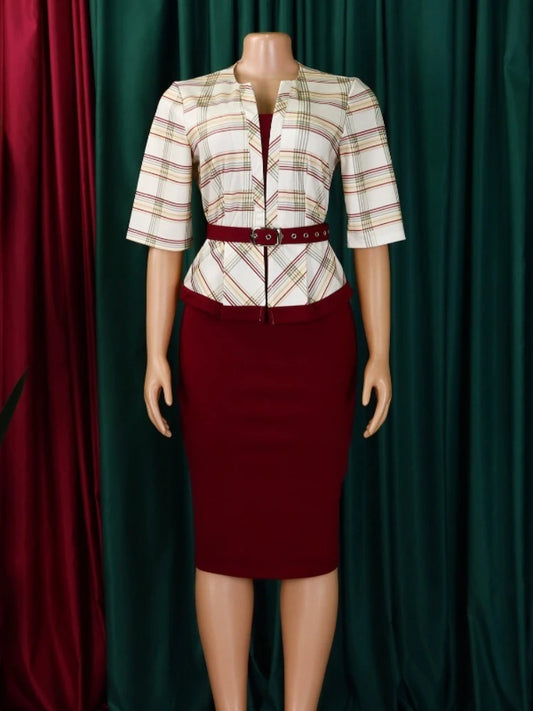 Casual Slim Office Print Patchwork Pencil Mid Dress with Belt Women Elegant V-Neck Half Sleeve Party Birthday Vestidos 2025 New
